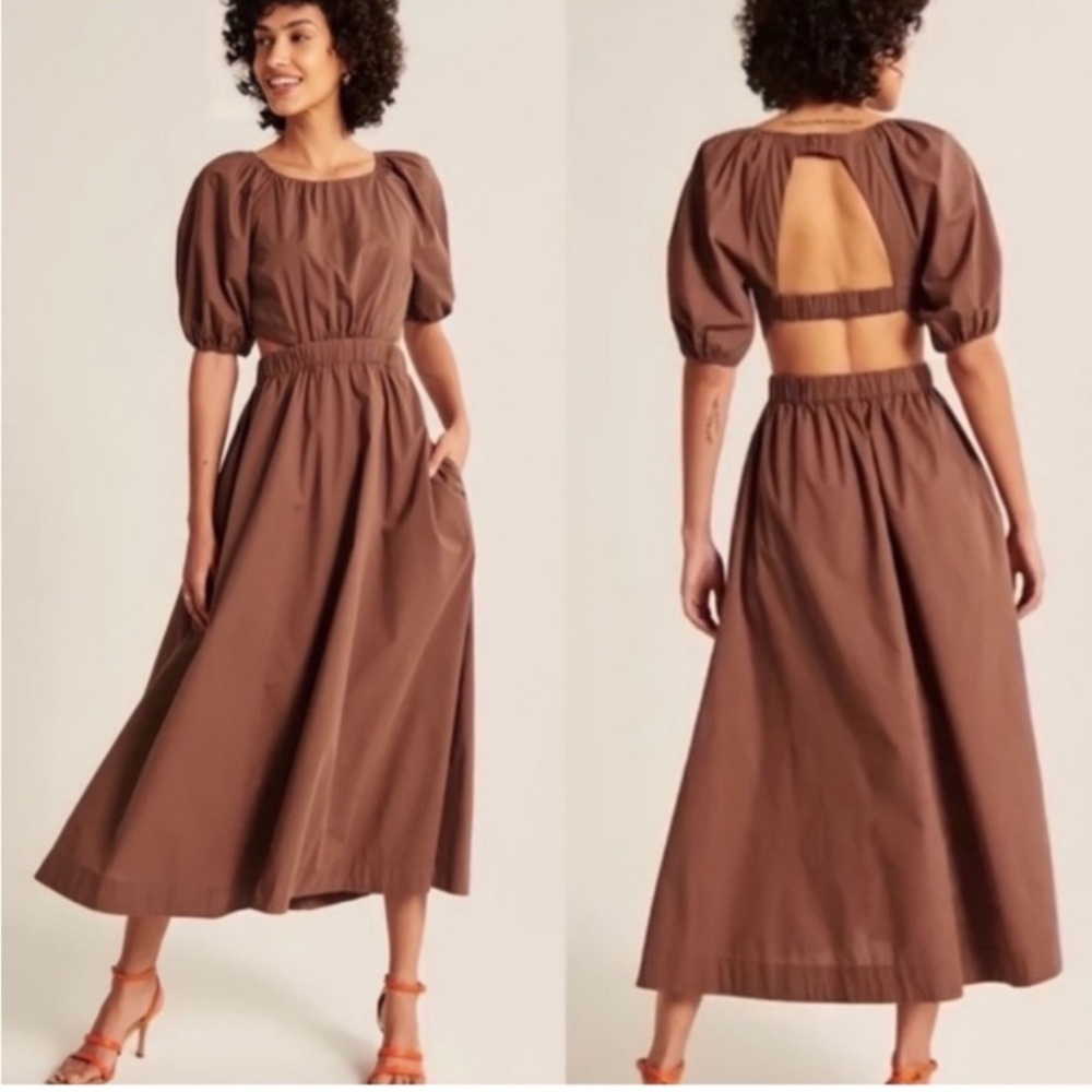 Abercrombie & Fitch Brown Midi Puff Sleeve Dress Sz XS Cut Out Back